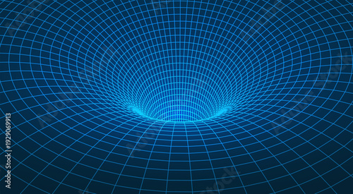 Cyberpunk metaverse tunnel with blue neon glowing 3D wireframe mesh and geometric grid for virtual reality gaming background, futuristic vector illustration.