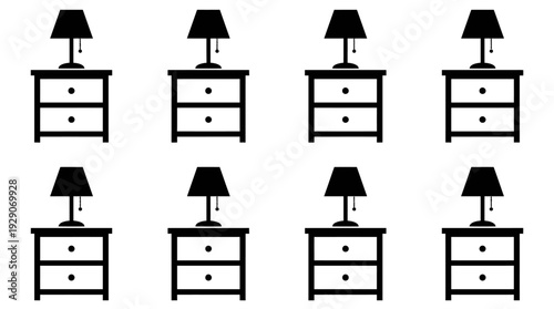 Nightstand with Lamp Silhouette Vector Set – Classic Bedroom Furniture Icons Featuring Drawer Units and Table Lamps for Interior Graphics and Home Decor Design Projects