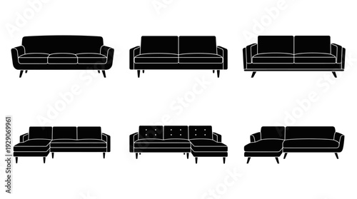 Modern Couch Silhouette Vector Set – Stylish Sofa Designs Featuring Sectionals, Loveseats, and Lounge Shapes for Interior Graphics and Home Decor Design Projects