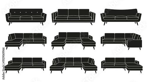 Modern Couch Silhouette Vector Set – Stylish Sofa Designs Featuring Sectionals, Loveseats, and Lounge Shapes for Interior Graphics and Home Decor Design Projects