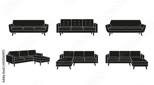 Modern Couch Silhouette Vector Set – Stylish Sofa Designs Featuring Sectionals, Loveseats, and Lounge Shapes for Interior Graphics and Home Decor Design Projects