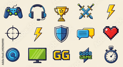 Collection of gaming icons representing various elements of video games and esports.