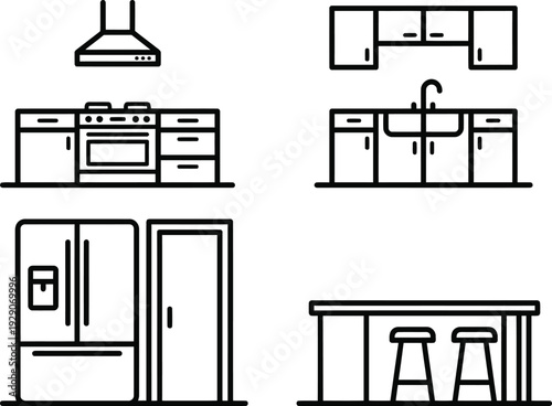 A set of kitchen icons including appliances and cabinetry in a minimalist line art style
