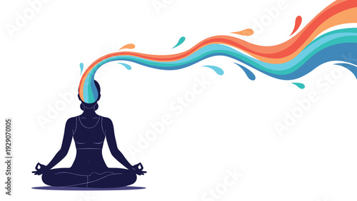 Silhouetted person practicing yoga and meditation with a vibrant rainbow energy wave flowing from their mind representing mental clarity.