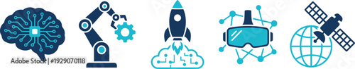 A set of modern technology icons representing artificial intelligence and space exploration