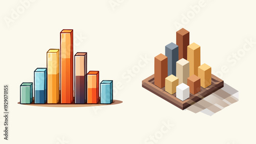 Illustration of two bar charts, one of which is presented on a wooden base, depicting data analysis and visual representation of information