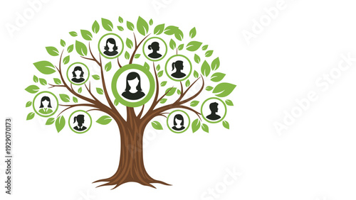 Illustrative representation of a genealogical family tree featuring female silhouettes in green circles representing maternal lineage.