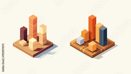 Isometric bar charts representing growth and data analysis, presented in a clean, modern, and minimalist style