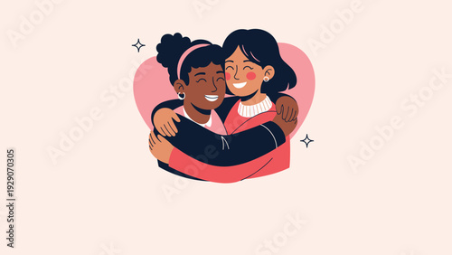 Heartwarming illustration of two women from different backgrounds hugging in front of a large pink heart representing love.