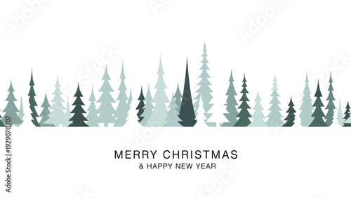 Clean winter border featuring a dense line of stylized green pine trees with holiday greetings for Christmas and New Year.