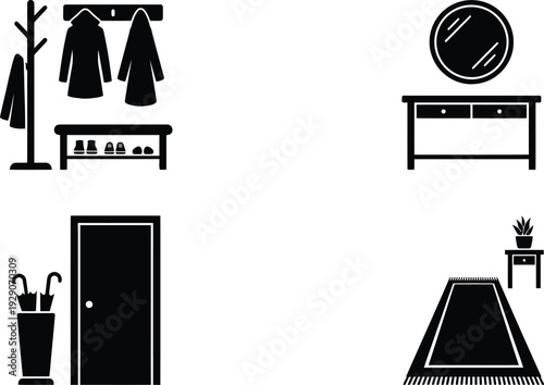 A minimalist vector graphic illustration of a modern entryway with various household items
