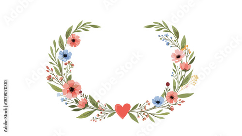 Elegant semi-circular floral wreath with delicate pink and blue flowers and a bright red heart at the bottom center.