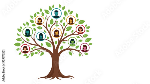 Decorative family tree illustration featuring diverse female silhouette icons in various colored circles to represent lineage.