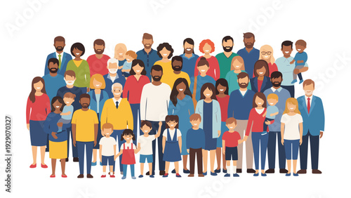 Diverse group of people representing a large community of various ages, ethnicities, and backgrounds standing together on a white background.