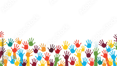 Vibrant border made of numerous multi colored handprints of different sizes representing diversity, community, and teamwork.