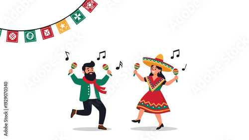 Lively illustration of a man and woman in traditional mexican attire dancing with maracas and a sombrero under festive bunting.