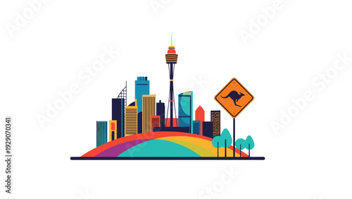 Colorful illustration of the Sydney city skyline featuring iconic landmarks like the Sydney Tower and a kangaroo road sign on a hill.