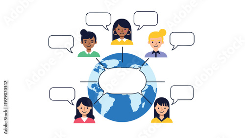 Global communication concept showing diverse women around a world map with speech bubbles representing international dialogue and unity.