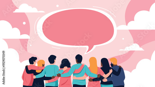 Group of friends standing together with arms around each other looking at a large empty speech bubble against a pink sky with clouds.