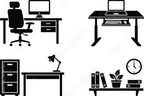 A minimalist vector graphic illustration of various office desks and furniture in a simple black silhouette style