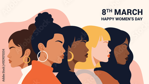 Beautiful illustration for International Women's Day showing silhouettes of five diverse women in profile with celebratory text for March eighth.