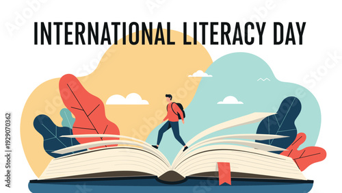 International Literacy Day concept illustration featuring a person walking across the pages of a giant open book against an abstract background.