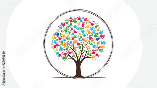 Symbolic tree of life with leaves represented by colorful handprints enclosed in a circular frame representing unity, diversity, and community.