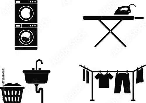 A set of black and white vector icons depicting laundry and cleaning symbols