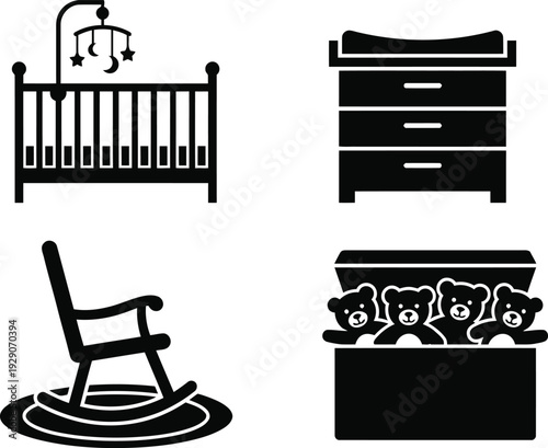 A set of black and white nursery icons including a crib, dresser, rocking chair, and toy box