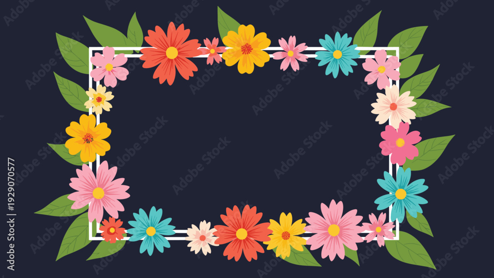 Obraz premium Elegant rectangular frame made of various colorful flowers and green leaves on a dark blue background with central copy space.