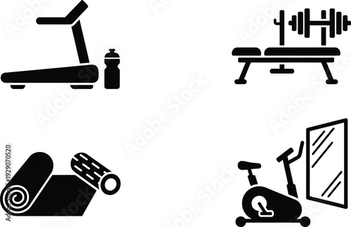 A set of black vector icons depicting various gym equipment and workout tools
