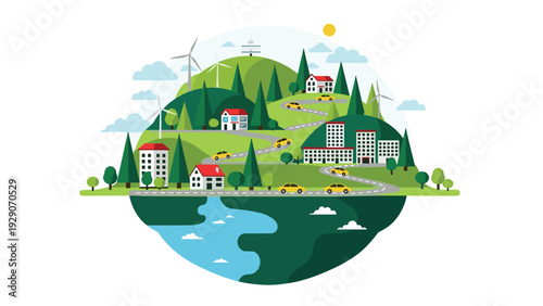 Sustainable green city illustration on a globe featuring wind turbines solar panels houses and trees representing eco friendly living.