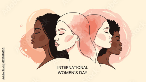 International Womens Day illustration showcasing profiles of diverse women of different ethnicities against a soft peach background.