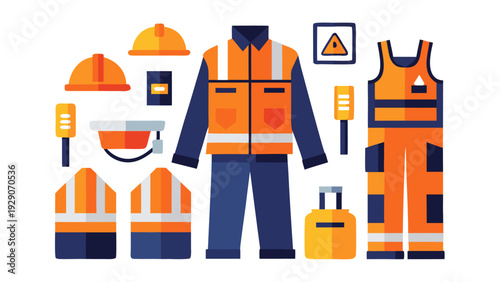 Construction and Electrical Worker Safety Gear Collection with Reflective Jackets, Overalls, and Hard Hats.eps