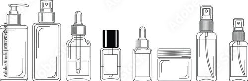 Cosmetic bottle and container outline set, skincare packaging vector illustration, minimal line art beauty product design collection