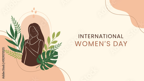 International Womens Day poster with a stylized silhouette of a woman surrounded by lush green tropical leaves on a peach background.