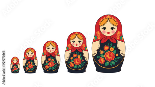 Set of five traditional Russian nesting dolls known as matryoshka in decreasing sizes with floral patterns on a white background.