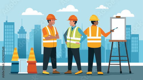 Construction Workers Attending Morning Safety Briefing at Building Site Flat Vector Illustration.eps