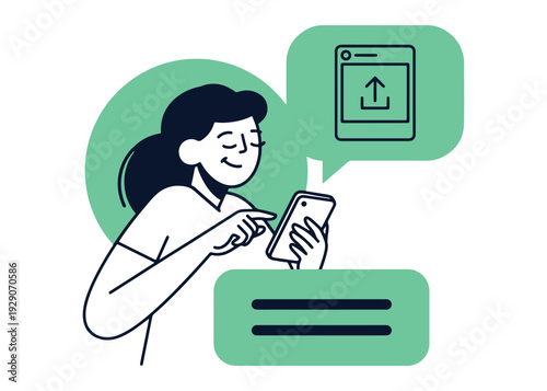Woman using smartphone and uploading file through app, speech bubble shows upload icon.
