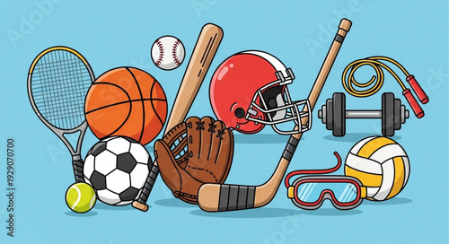 Collection of sports equipment including balls, bats, and protective gear for various games.