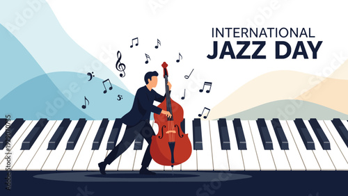 International Jazz Day poster featuring a musician playing a double bass on a large piano keyboard with floating musical notes.