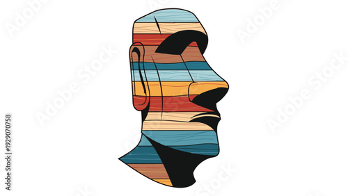 Creative interpretation of a Moai statue from Easter Island designed with colorful horizontal stripes and a textured wood-like finish.