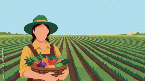 Female farmer wearing a green hat standing in a vast green field holding a woven basket full of freshly harvested vegetables.