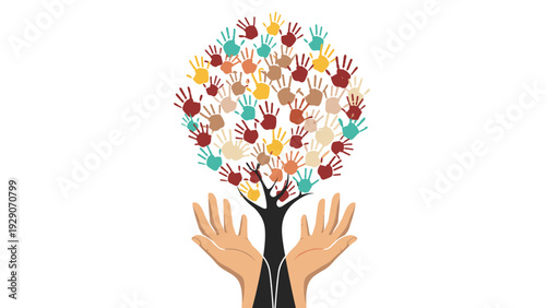 Conceptual illustration of a tree made of colorful handprints being supported by two large hands from below symbolizing care and community.