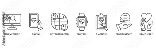 Digital health banner web icon illustration with icon of telemedicine, digital, interconnected, control, diagnosis, communicate, healthcare