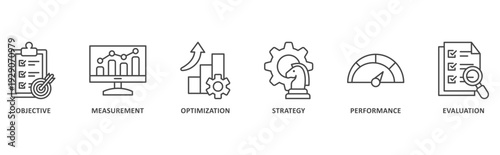 KPI banner web icon illustration with icon of objective, measurement, optimization, strategy, performance, evaluation