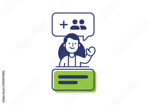 Woman with plus sign and two people icons for adding users or connections