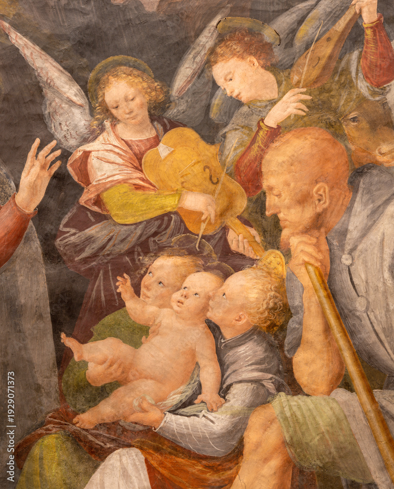 Obraz premium VERCELLI, ITALY - JANUARY 16, 2026: The detail of renaissance fresco of Nativity - Adoration of shepherds in the church Chiesa di San Cristoforo by Gaudanzio Ferrari (1529 - 1534).