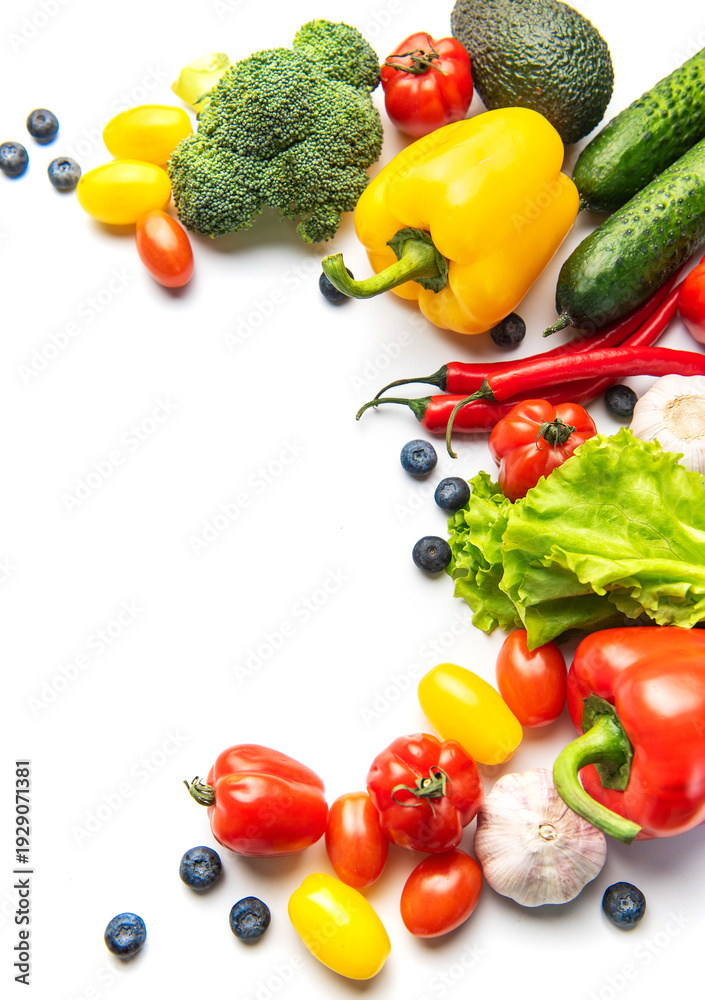 Naklejka premium Fresh vegetables and fruits creating healthy eating border