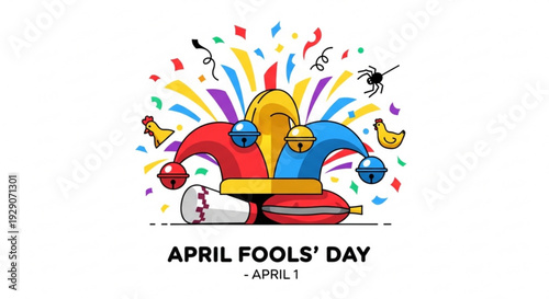 Vibrant april fools' day illustration with jester hats confetti and humor